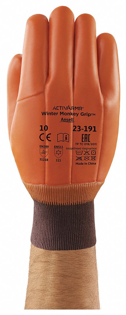 WINTER GLOVES, MONKEY GRIP, SZ X-LARGE/10/11-12 IN, BROWN, COTTON JERSEY/PVC