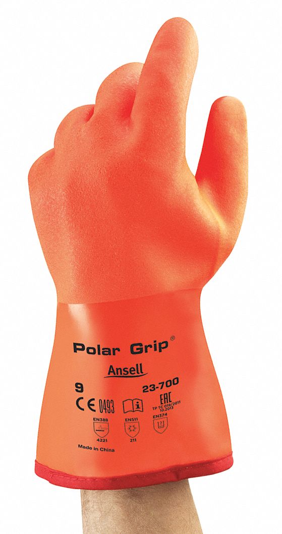 GLOVES, POLAR GRIP/GAUNTLET, SZ LARGE/9/275 - 300MM, HI-VIS ORANGE, COTTON/NYLON/PUR FOAM