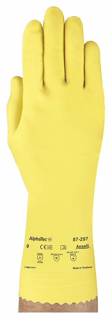 CHEMICAL-RESISTANT GLOVES, PINKED CUFF, 12 IN, YELLOW, M, NATURAL RUBBER LATEX