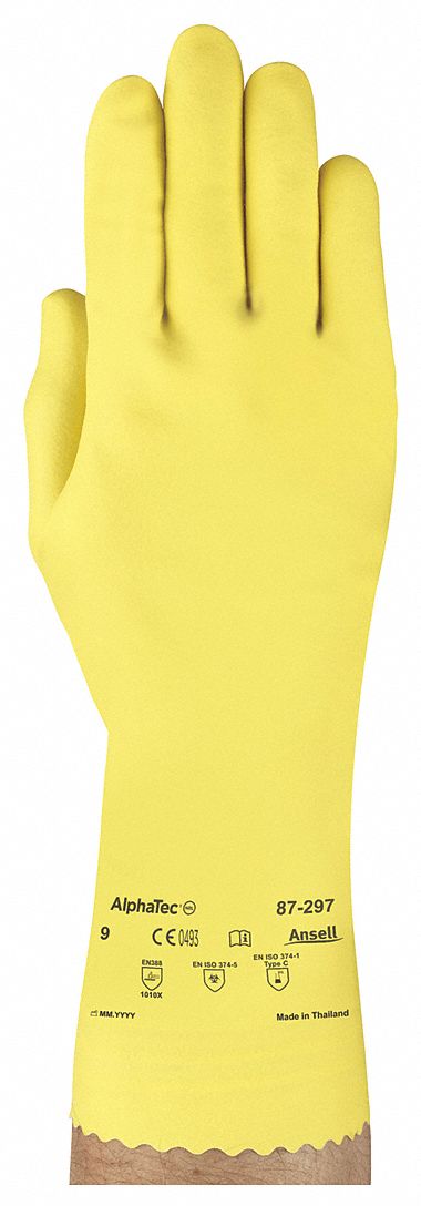 CHEMICAL-RESISTANT GLOVES, PINKED CUFF, 12 IN, YELLOW, L, NATURAL RUBBER  LATEX