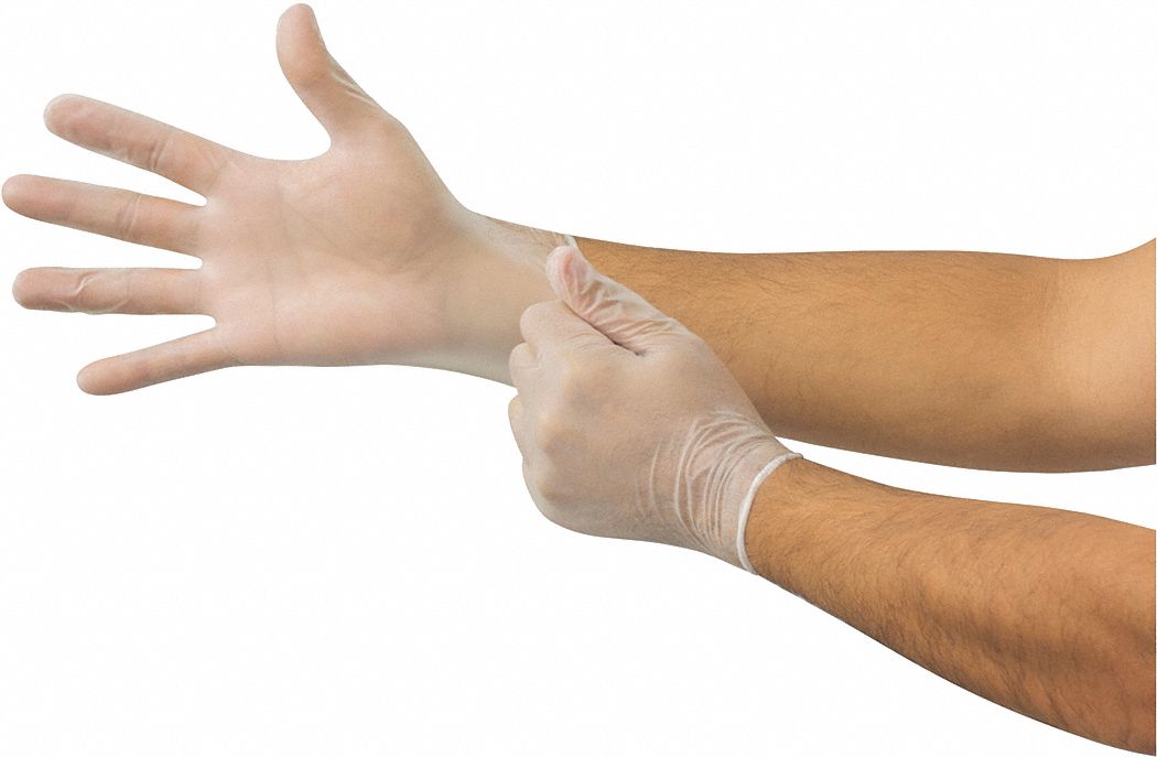 DISPOSABLE GLOVES, 5 MIL THICK, SZ 9/L, 9 IN L, CLEAR, VERSATOUCH VINYL, BX 100