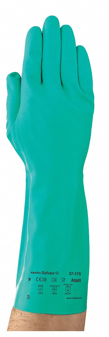 SOL-VEX CHEMICAL RESISTANT GLOVES, 15 MIL, 12 IN LENGTH, SMOOTH, SIZE 8, GREEN