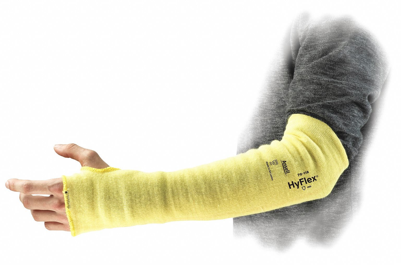 CUT-RESISTANT GLOVES, SLEEVE, WITH THUMB SLOT, STRING KNIT, 14 IN, YELLOW, KEVLAR