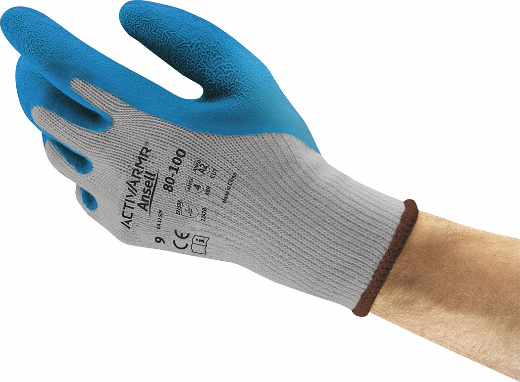 GLOVES, PALM/FING COAT,ABS LEVEL 4, CRINKLE FINISH, 10 GAUGE, SZ 6, GRY/BLU, NATURAL RBR LTX, VND PK