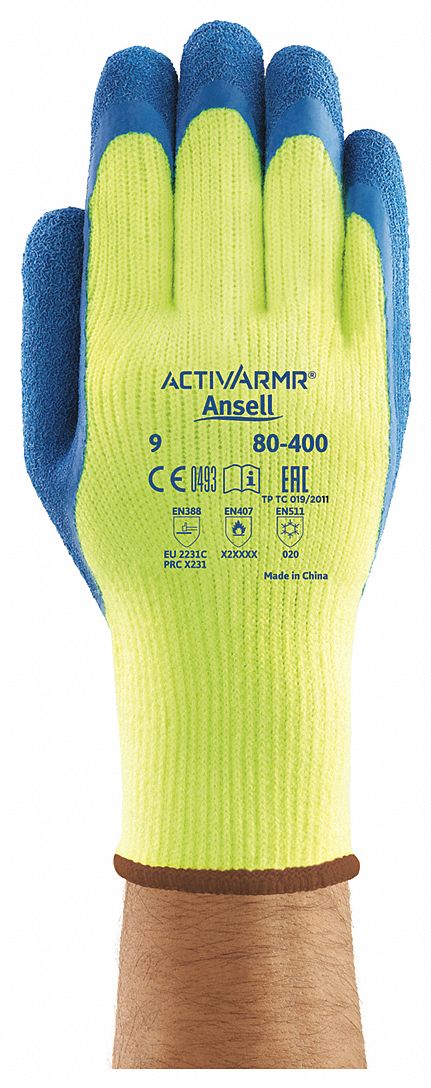 GLOVES, KNIT WRIST, SZ XX-LARGE/11/250-295MM, BLUE/BRIGHT YELLOW, NATURAL RUBBER LATEX/ACRYLIC