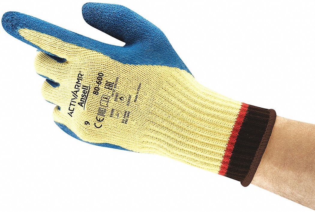 CUT-RESISTANT GLOVES, KEVLAR/KNIT LINING, SIZE 7, BLUE/YELLOW, LATEX/NATURAL RUBBER