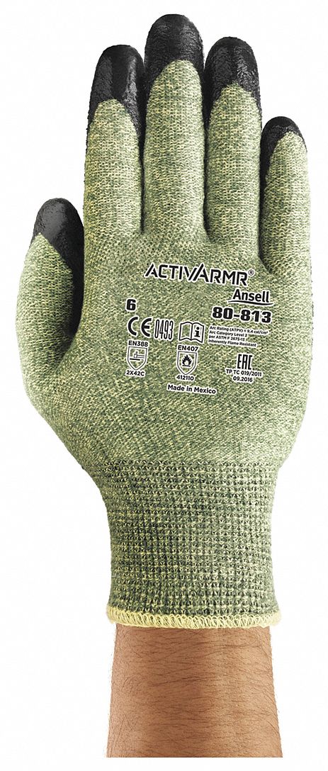 CUT-RESISTANT GLOVES, ACTIVARMR/13-GAUGE, SIZE 6, BLACK/GREEN, NEOPRENE FOAM