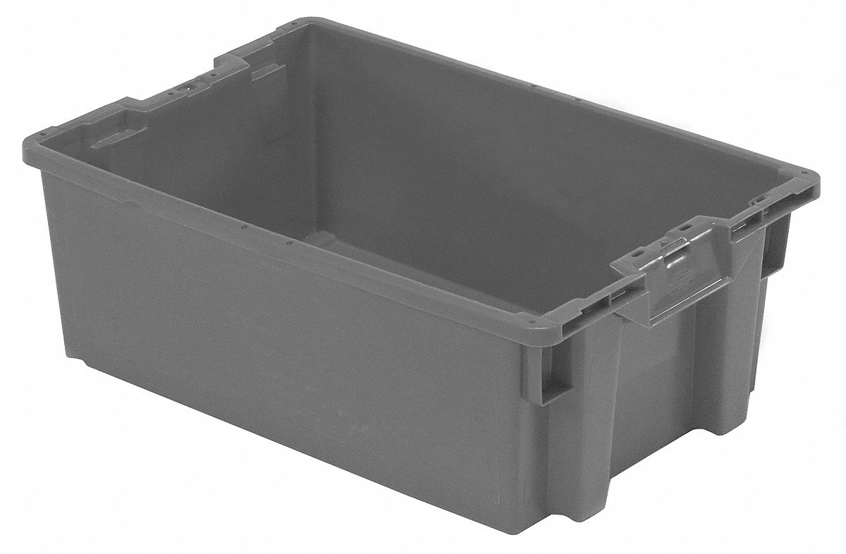 STACK AND NEST CONTAINER, 9.7 GAL, 23⅝ IN X 15¾ IN X 8½ IN, GREY, 300 LB STACK CAPACITY