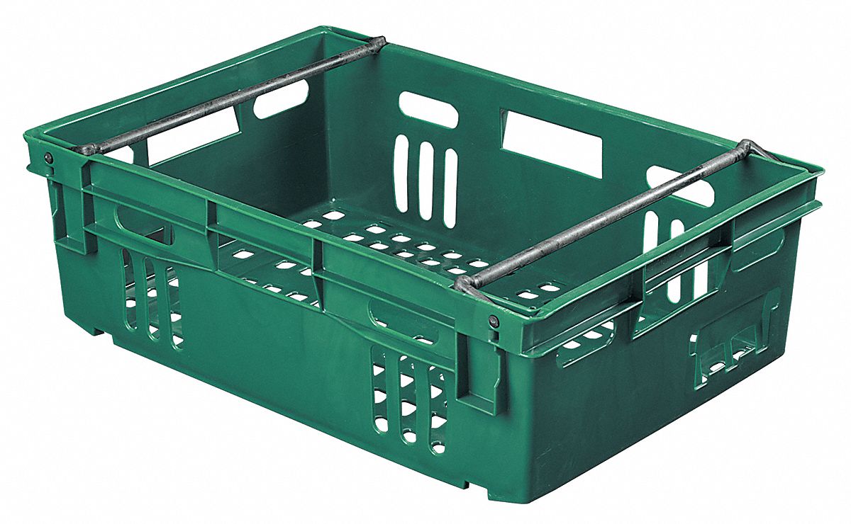 STACK AND NEST CONTAINER, 67.1 GAL, 23¾ IN X 15⅞ IN X 7½ IN, GREEN, 200 LB STACK CAPACITY