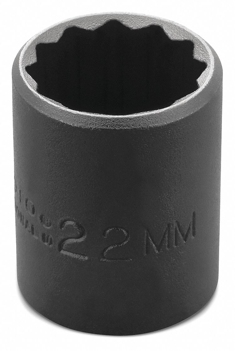 Impact Socket: 1/2 in Drive Size, Metric, 22 mm Socket Size, 12-Point, Std, Black Oxide