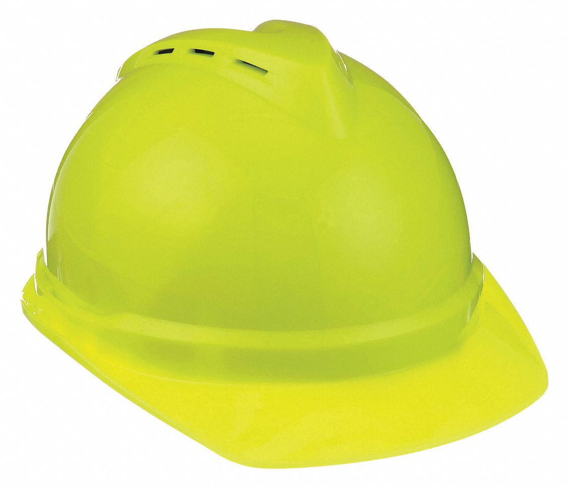 SLOTTED CAP, CSA, TYPE 1, CLASS E, PE, 6-PT FAS-TRAC III RATCHET, FRONT BRIM, HI-VIS YLW/GRN