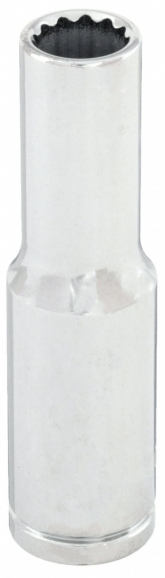 Socket: SAE, 3/8 in Drive Size, 11/32 in Socket Size, 12-Point, Deep, Chrome, Socket