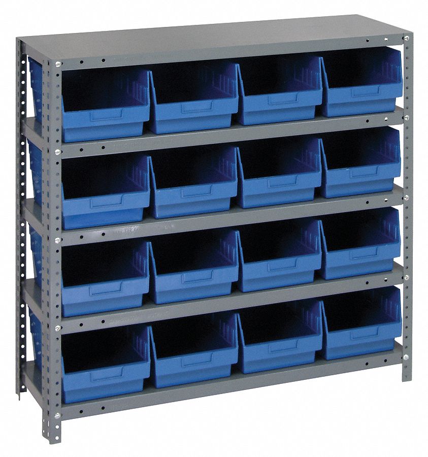 Shelf Bin Organizer - 36 x 12 x 39 with 4 x 12 x 4 Blue Bins H