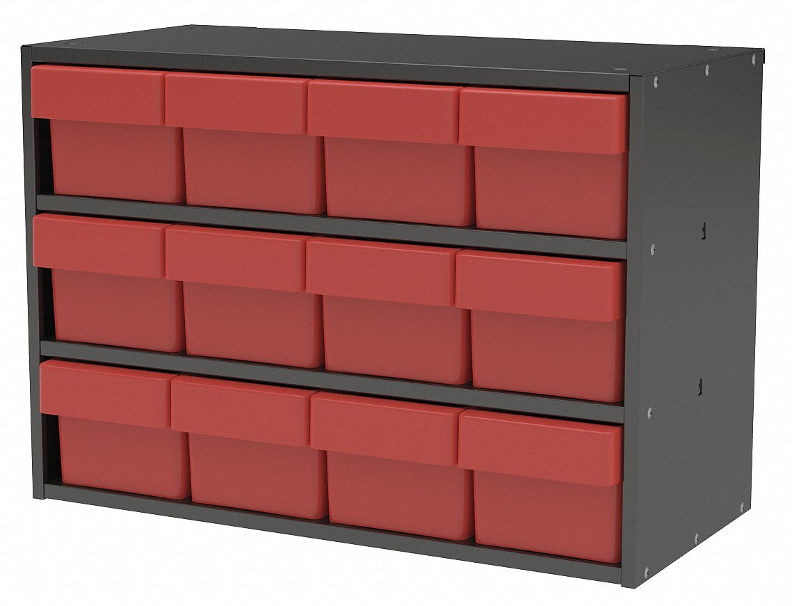 Drawer Bin Cabinet,11-5/8 In. D,Red