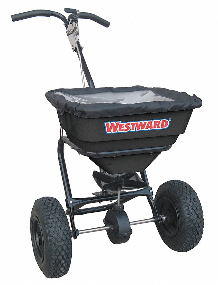 Broadcast Spreader, 70 lb Capacity, Pneumatic Wheel Type, 1 Hole Drop Type, Curved T Handle