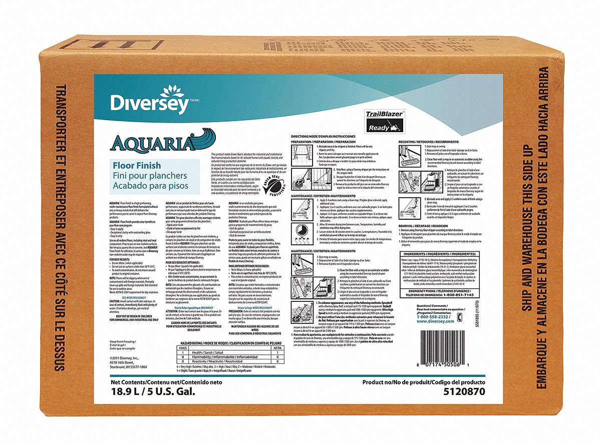 DIVERSEY Floor Finish: Box, 5 gal Container Size, Ready to Use, Liquid ...