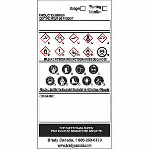 WHMIS LABEL, PACE, SELF-LAMINATING, ENGLISH/FRENCH, RED/BLACK/WHITE, 3 X 6 IN, VINYL, PKG 25