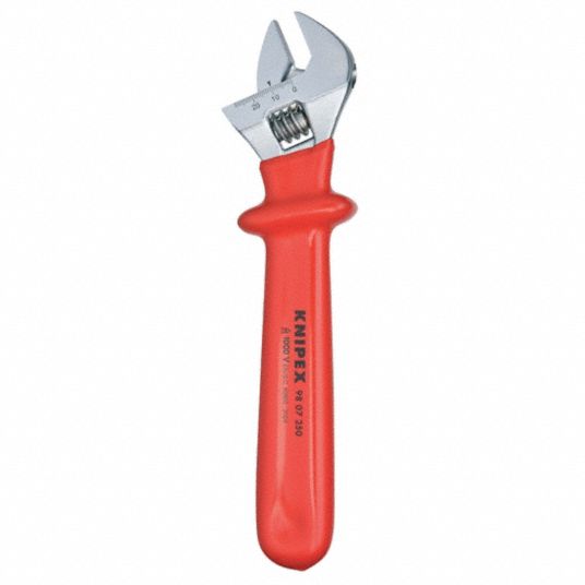 KNIPEX Adjustable Wrench: Plastic Dipped, Chrome, 10 in Overall Lg, 1 1/8  in Jaw Capacity