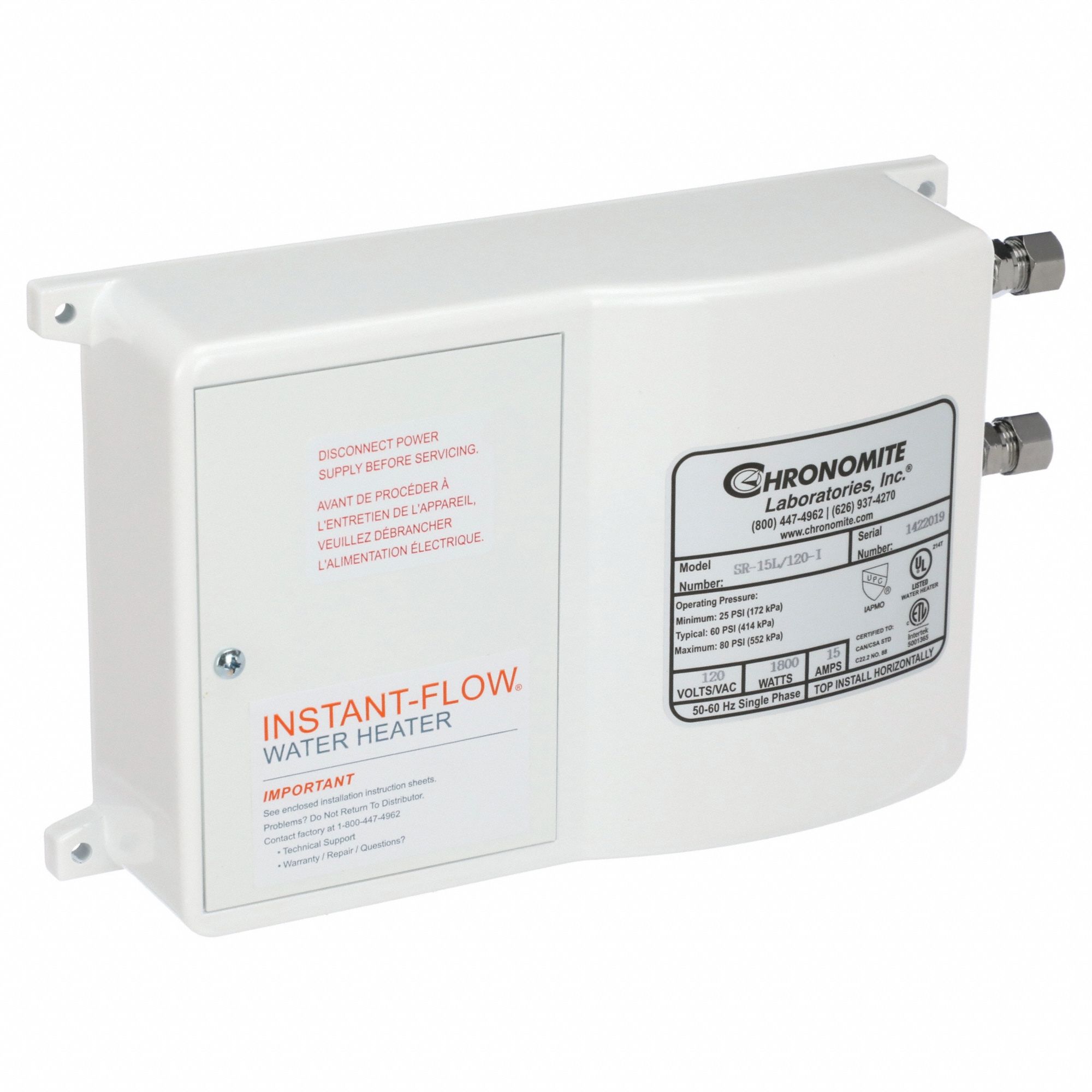 CHRONOMITE LABS ELECTRIC TANKLESS WATER HEATER: INDOOR, 1,800 W