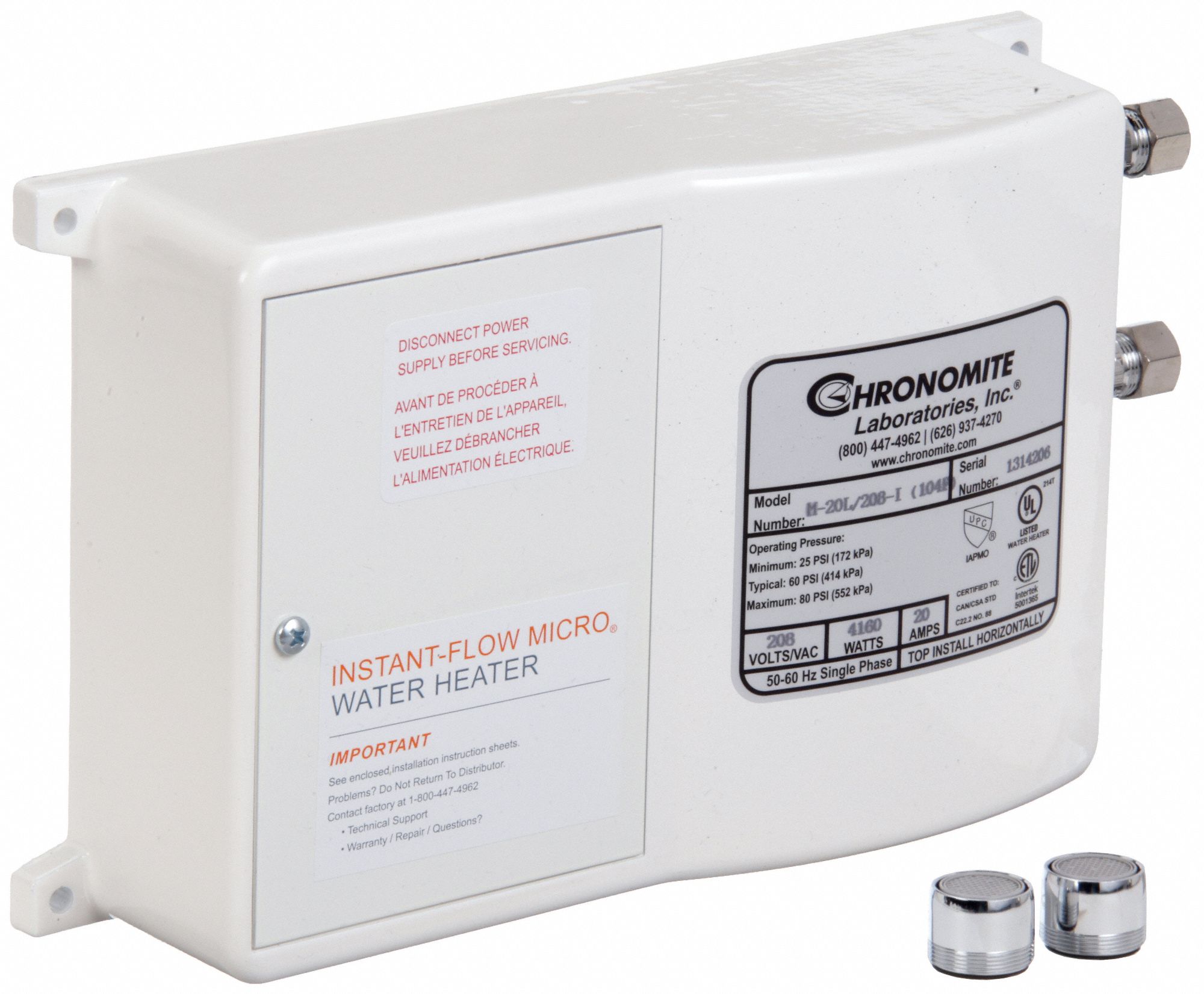CHRONOMITE LABS, Indoor, 4,160 W, Electric Tankless Water Heater