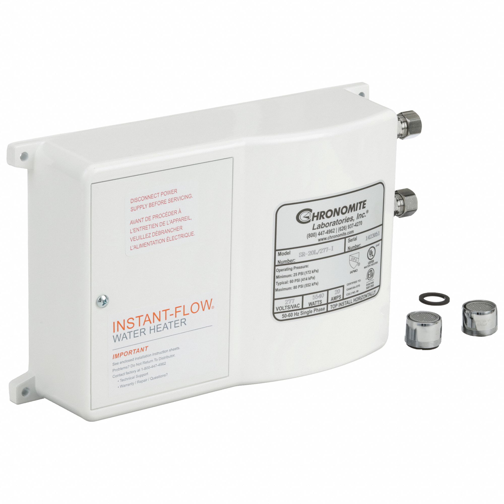 Electric Tankless Water Heater: Indoor, 5, 540 W, 1.5 gpm Max. Flow Rate