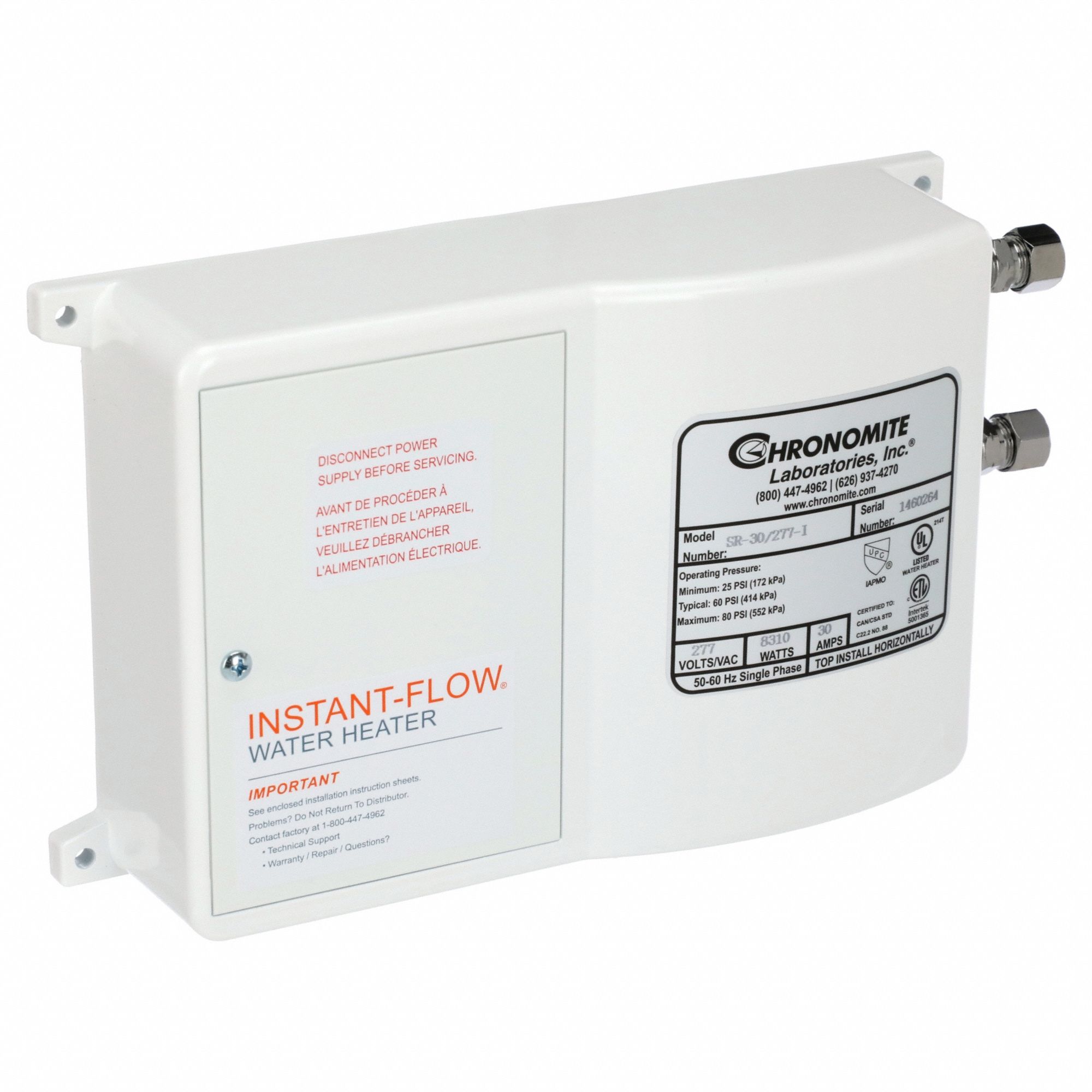 Electric Tankless Water Heater: Indoor, 8, 310 W, 2 gpm Max. Flow Rate