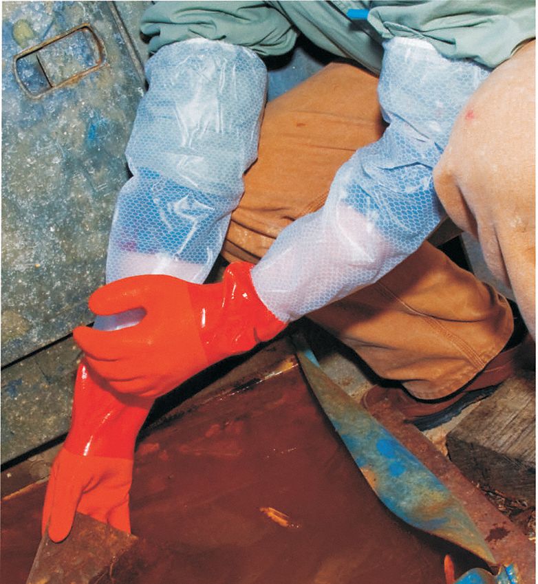 CHEMICAL-RESISTANT GLOVES, SHIRRED SLIP-ON, 26 IN, M, ORANGE/WHITE, COTTON