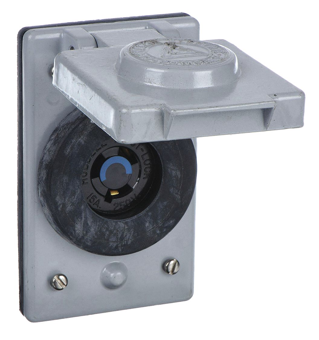 Weatherproof Cover with Receptacle: L6-15R, Non-Flanged, 15 A, 250V AC, 2 Poles, Gray, 1 Gangs