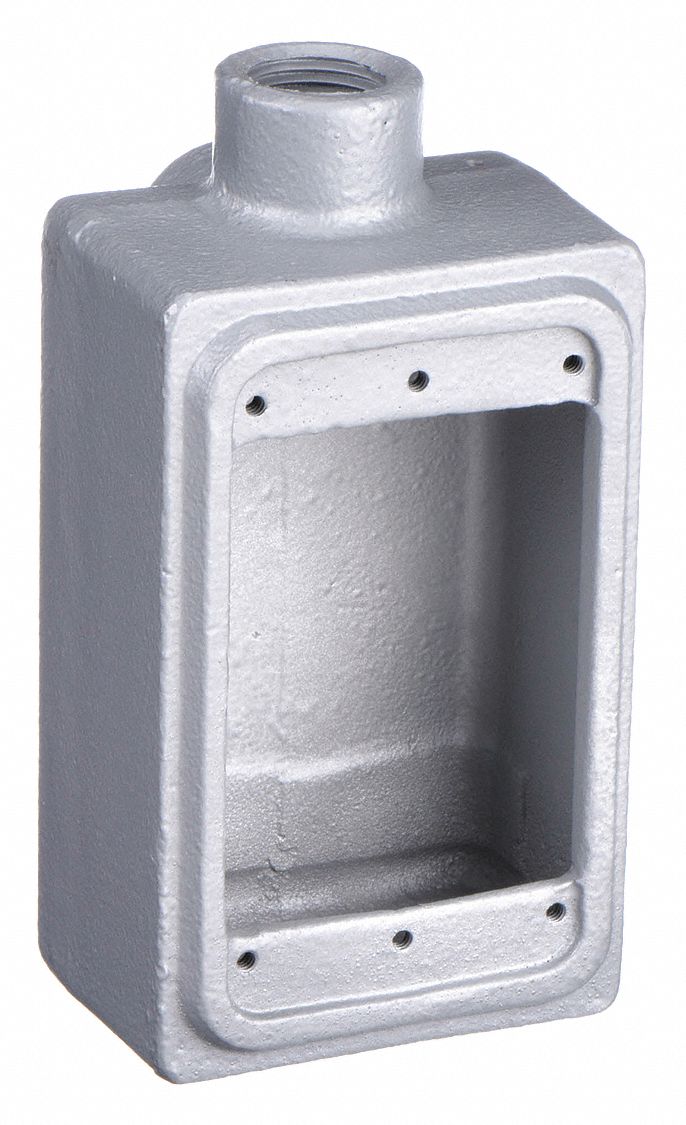 WEATHERPROOF ELECTRICAL BOX, MALLEABLE IRON, ROUND, 1 GANG, ½ IN HUB SIZE, GREY