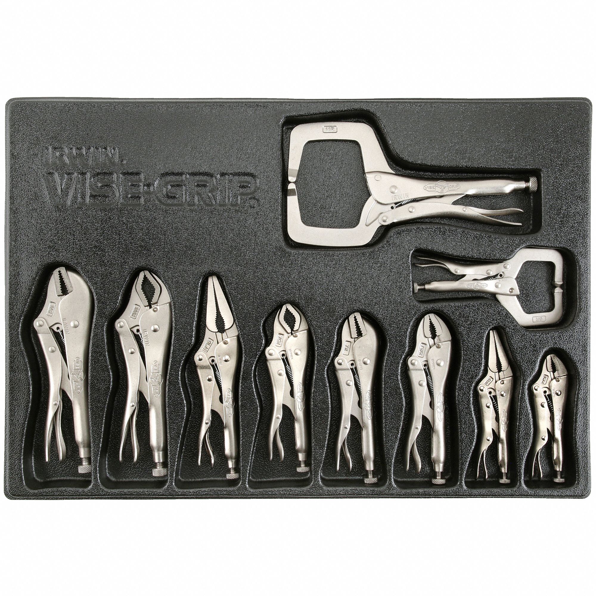 LOCKING PLIER AND C-CLAMP SET, CURVED, 5 IN/6 IN/7 IN/9 IN/10 IN/11 IN OVERALL L, PLAIN GRIP