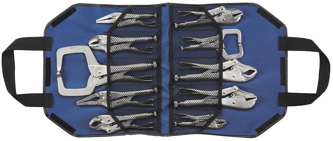 Locking Plier and C-Clamp Set: Curved, 5 in_6 in_7 in_9 in_10 in_11 in Overall Lg, Plain Grip