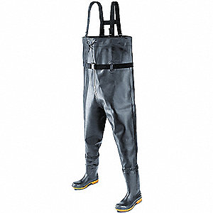 BOOT CHEST WADER, MENS, HEAVY-DUTY, STEEL-TOED, BLACK, SIZE 9, PVC