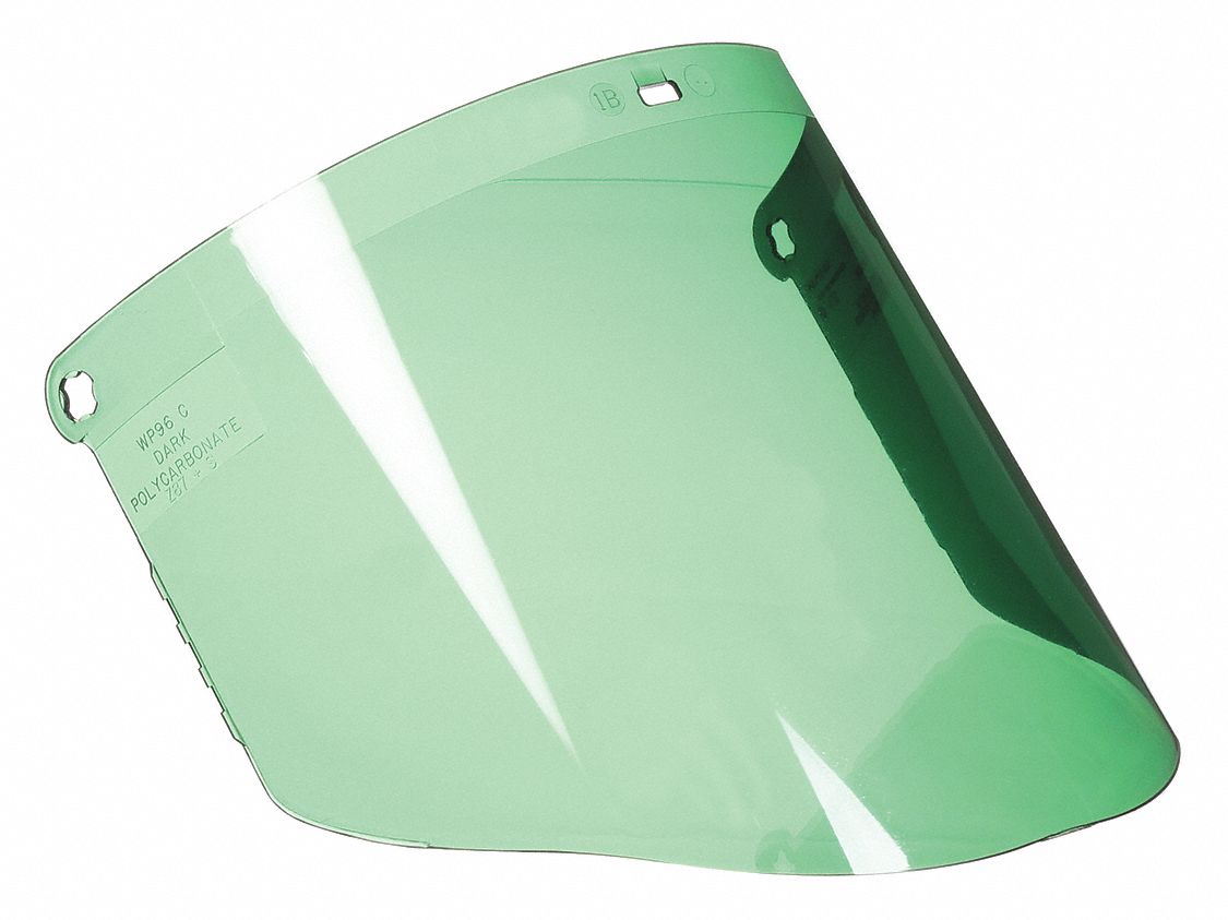 FACE SHIELD VISOR, HEAVY-DUTY IMPACT/HEAT RESISTANT, DARK GRN, 9 X 14 1/2 X 0.080 IN, POLYCARBONATE