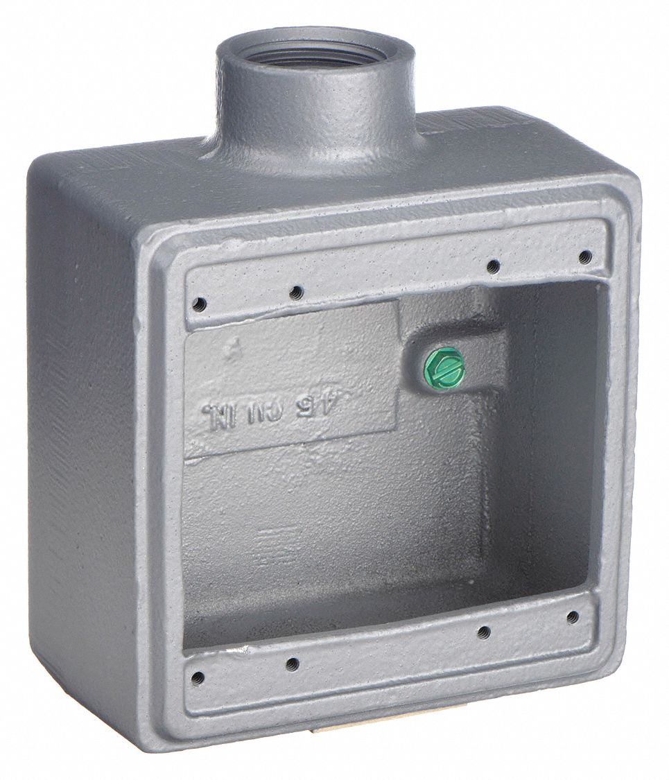 WEATHERPROOF ELECTRICAL BOX, MALLEABLE IRON, ROUND, 2 GANGS, 1 IN HUB SIZE, GREY