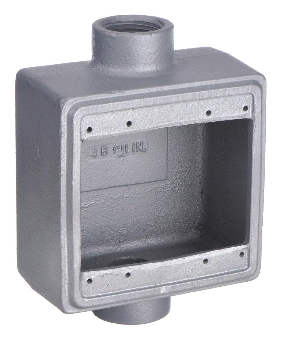 WEATHERPROOF ELECTRICAL BOX, MALLEABLE IRON, ROUND, 2 GANGS, 1 IN HUB SIZE, GREY