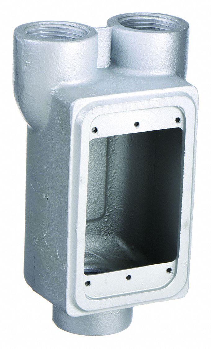 WEATHERPROOF ELECTRICAL BOX, MALLEABLE IRON, ROUND, 1 GANG, ½ IN HUB SIZE, GREY