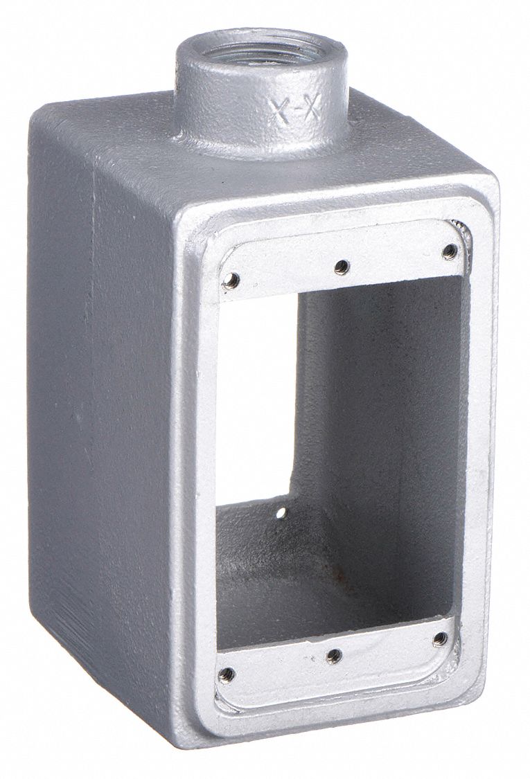 WEATHERPROOF ELECTRICAL BOX, MALLEABLE IRON, ROUND, 1 GANG, ¾ IN HUB SIZE, GREY