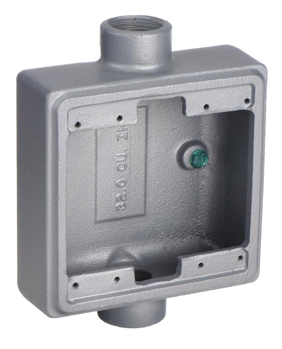 WEATHERPROOF ELECTRICAL BOX, MALLEABLE IRON, ROUND, 2 GANGS, ¾ IN HUB SIZE, GREY