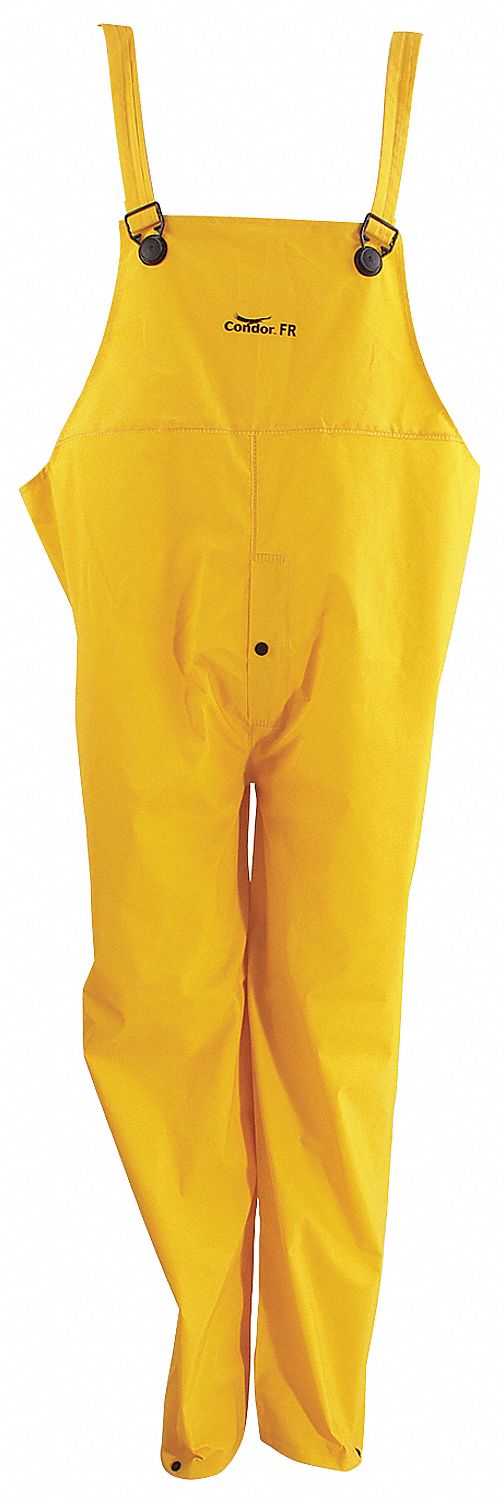 RAIN PANTS, BIB STYLE, FLAME RESIST, WIND/WATERPROOF, SNAP BUTTONS, XL, PVC POLYESTER