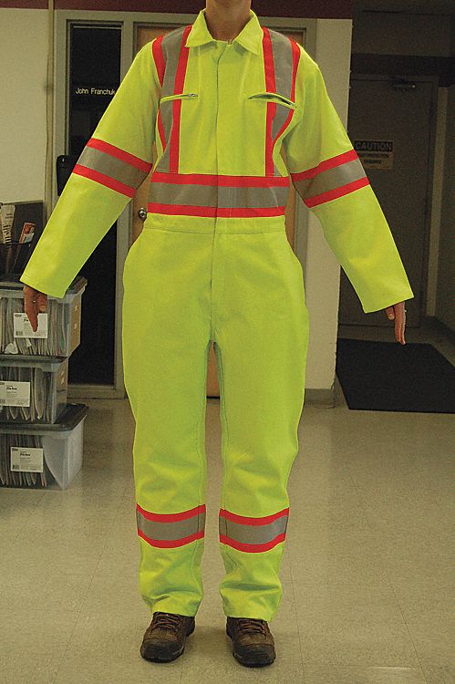 HIGH-VISIBILITY COVERALLS, UNISEX, YELLOW, WAIST 48 IN/INSEAM 31 IN, POLYESTER/COTTON