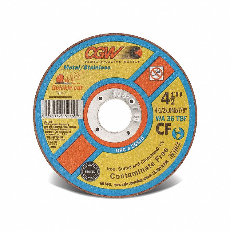 CUT-OFF WHEEL, RIGHT ANGLE, 36 GRIT, 13,300 RPM, TYPE 1, 4 1/2 X 0.045 X 7/8 IN, ALUMINUM OXIDE