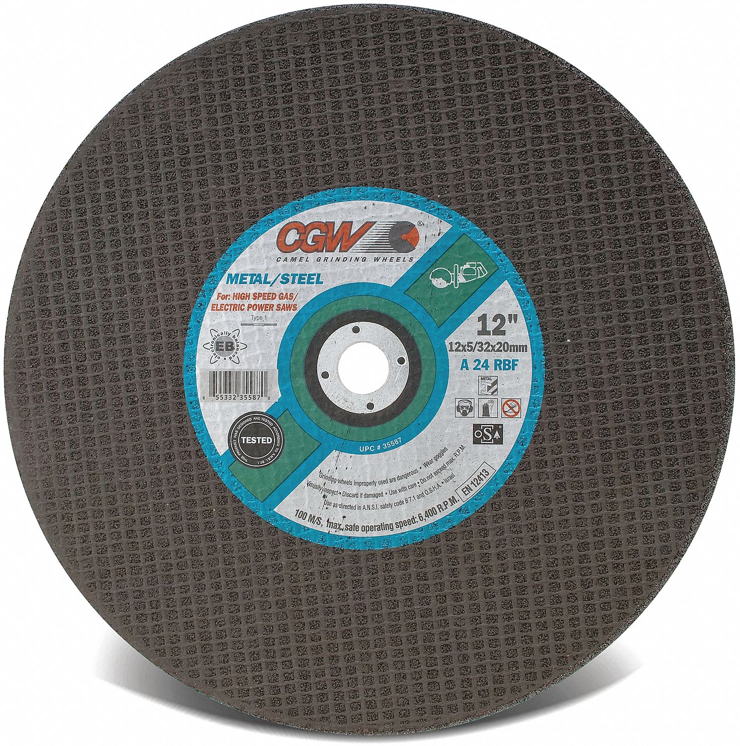 CUT-OFF WHEEL, DOUBLE, FOR STONE/CONCRETE, 24 GRIT, 5,500 RPM, TYPE 1, 14 X 5/32 X 20 MM