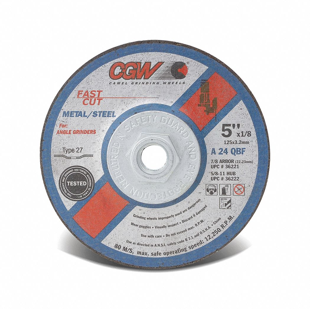 DEPRESSED GRINDING WHEEL, GRADE R, 8,600 RPM, 24 GRIT, TYPE 27, 7 X 1/4 IN, 7/8 IN ARBOR