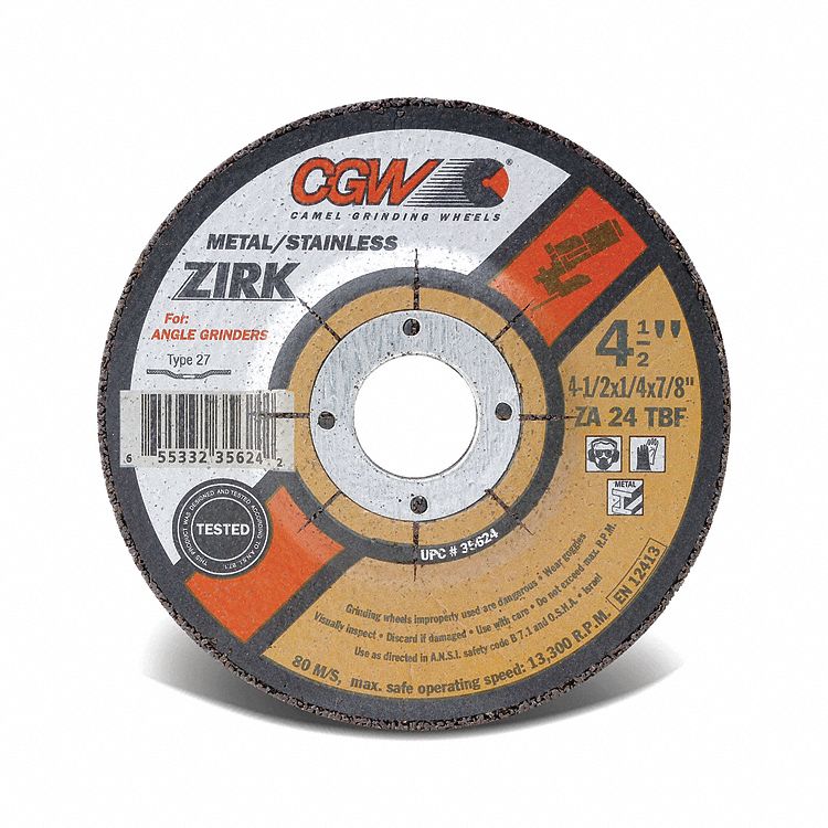 DEPRESSED CENTER WHEEL, T-GRADE, TYPE 27, 24 GRIT, 4 1/2 X 1/4 X 7/8 IN, ZIRCONIA GRAIN