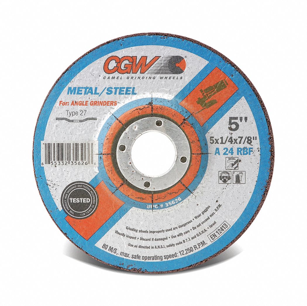 DEPRESSED GRINDING WHEEL, GRADE N, 10,200 RPM, 24 GRIT, TYPE 27, 6 X 1/4 IN, 7/8 IN ARBOR, AL OXIDE