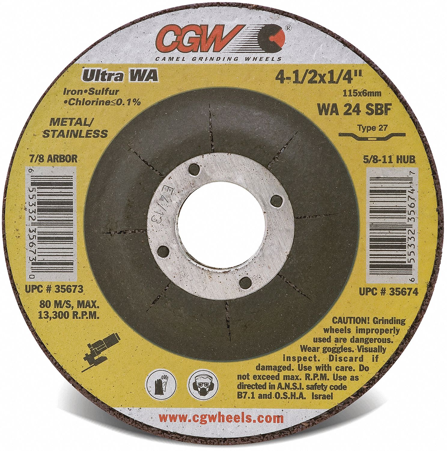 DEPRESSED GRINDING WHEEL, GRADE S,13,300 RPM,24 GRIT, TYPE 27,WHT,4 1/2 X 1/4 IN,7/8 IN ARBOR,AL