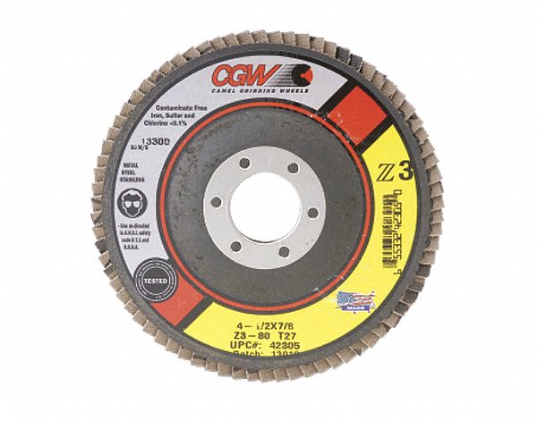 FLAP SANDING DISC, RESIN-BOND, TYPE 29, 40 GRIT, 4 1/2 X 7/8 IN/ XL THICK, Z3 ZIRC/AL GRAIN/POLY