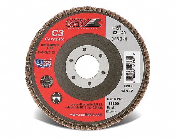 FLAP SANDING DISC, COMPACT, USE W/ STEEL, 40 GRIT, 4 1/2 X 7/8 IN/ XL THICK, C3 CER/POLY