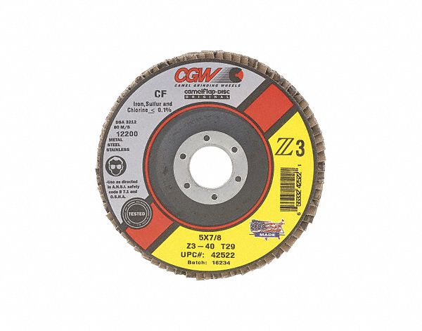 FLAP SANDING DISC, RESIN-BOND, TYPE 29, 80 GRIT, 5 X 7/8 IN/ REG THICK, Z3 ZIRC/AL GRAIN/POLY