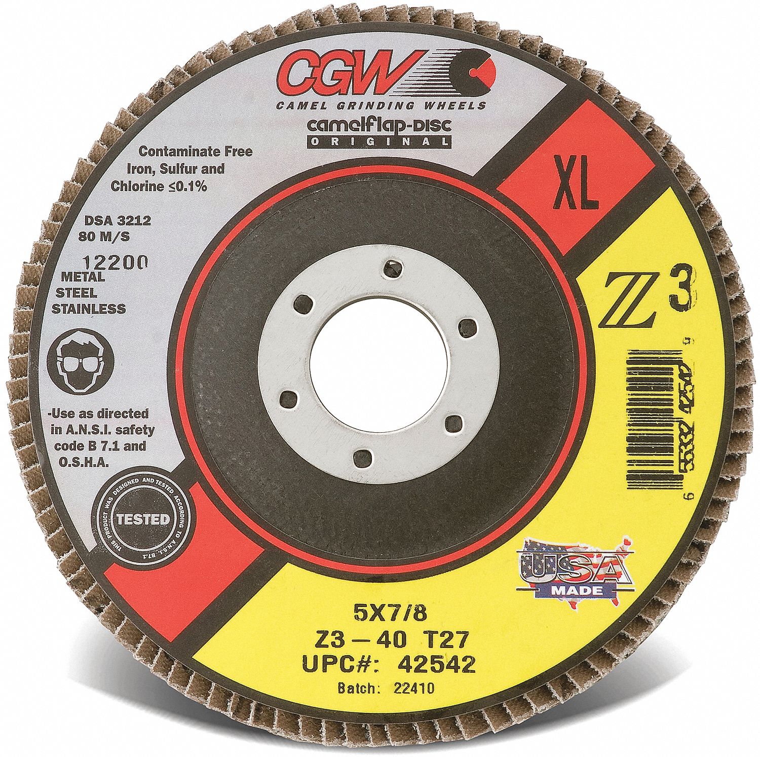 CGW ABRASIVES FLAP SANDING DISC, RESINBOND, TYPE 27, 40 GRIT, 5 X 7/8